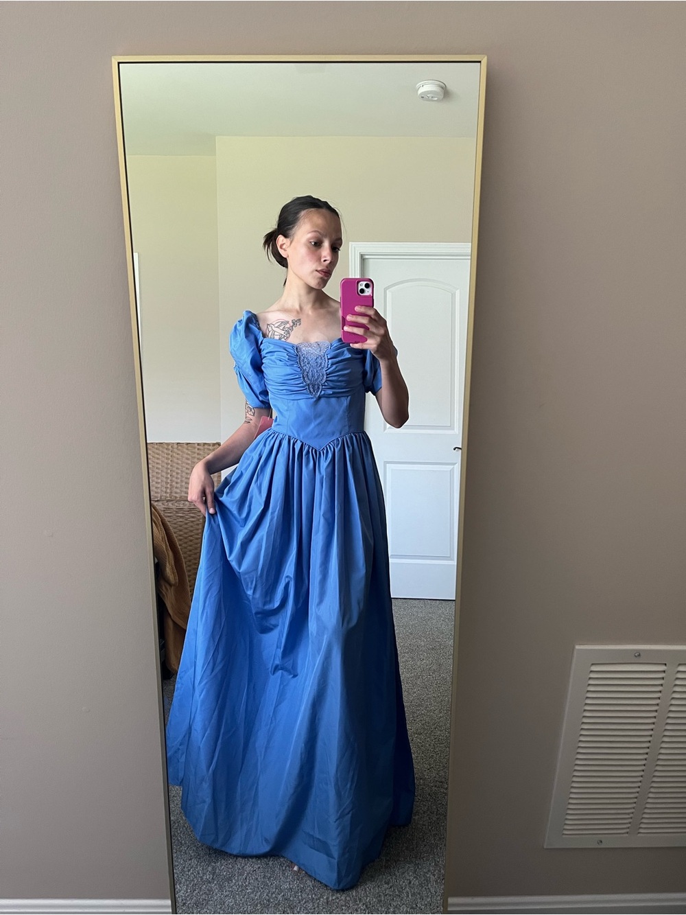 VTG Union Made Blue Princess Off-Shoulder Gown Puffy Sleeves with Lace Trim